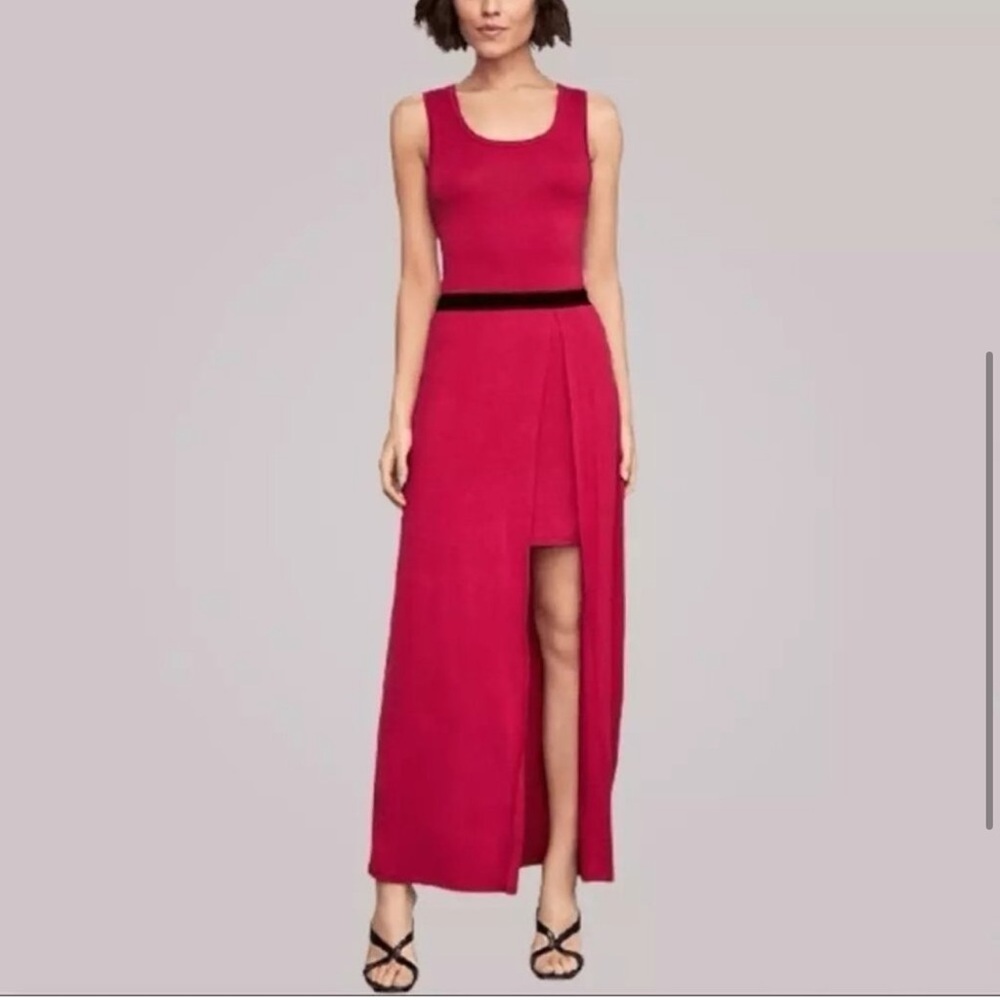 BCBG Maxi Twofer Dress Red Sleeveless Deep Slit Layered Overskirt extra small